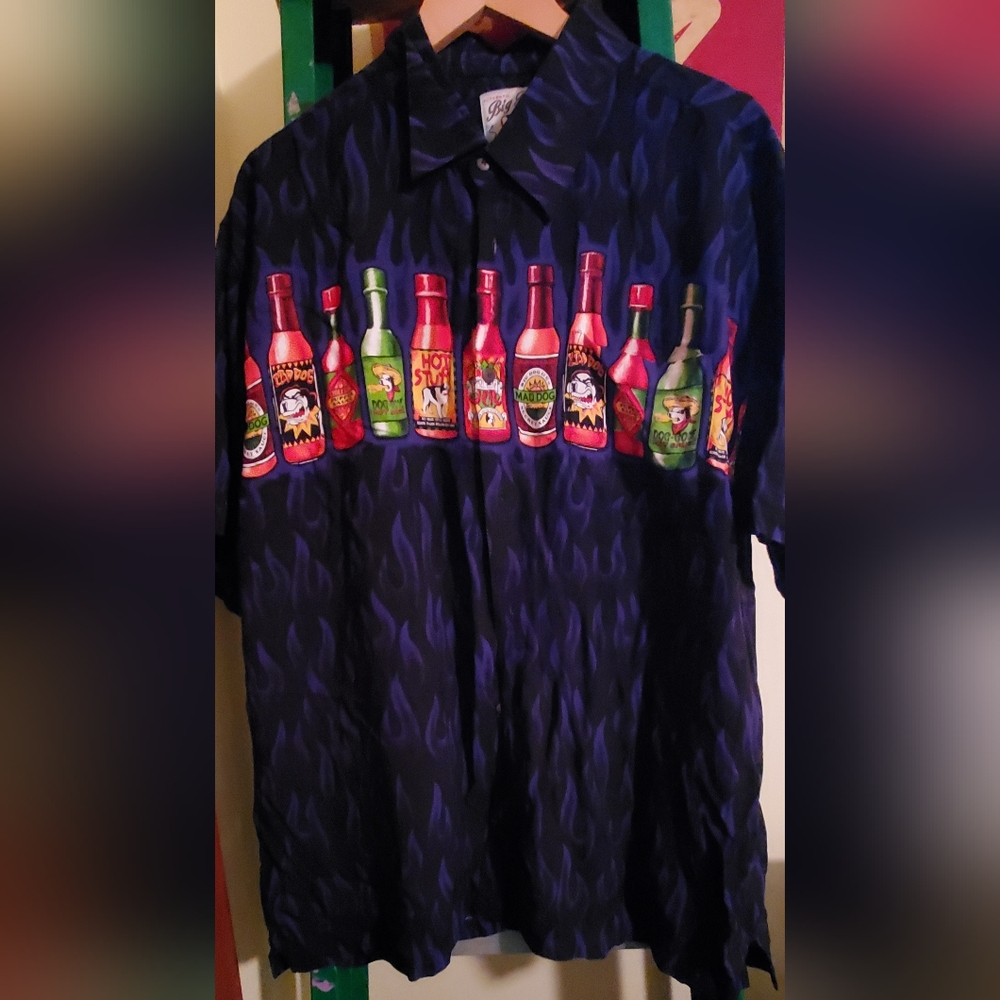 Big Dogs Men's Blue Casual Button Down Shirt with Hot Pepper Sauce Design L
